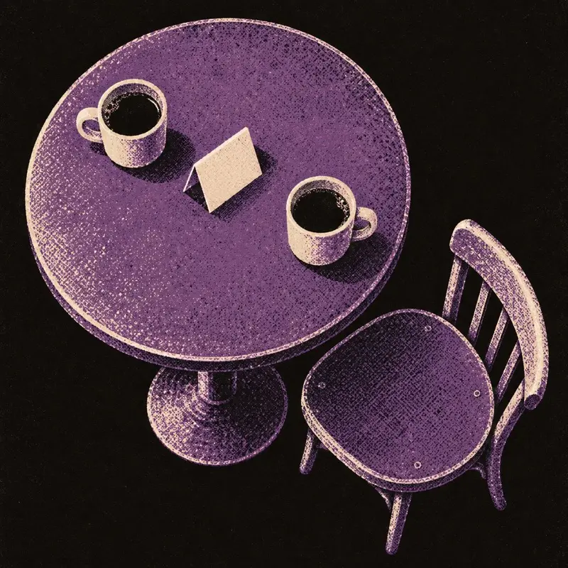 Illustration: a small cafe table with two mugs and an empty chair