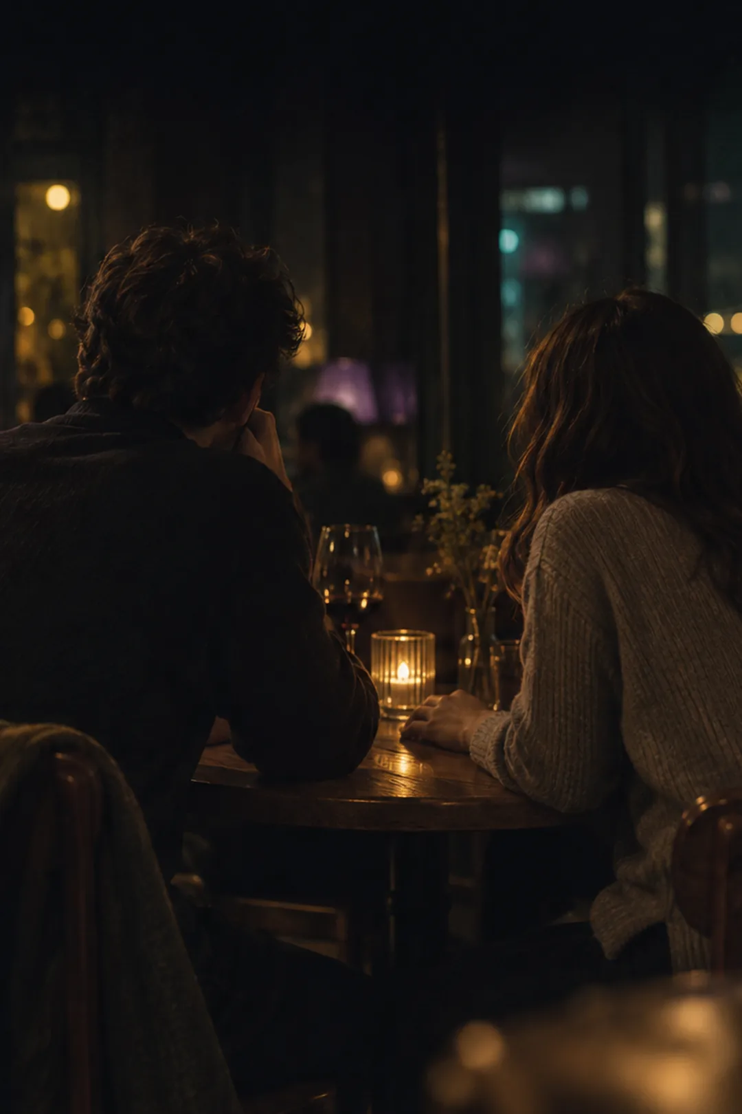 Two people sitting close at a candlelit bar table at night, seen from behind, talking quietly